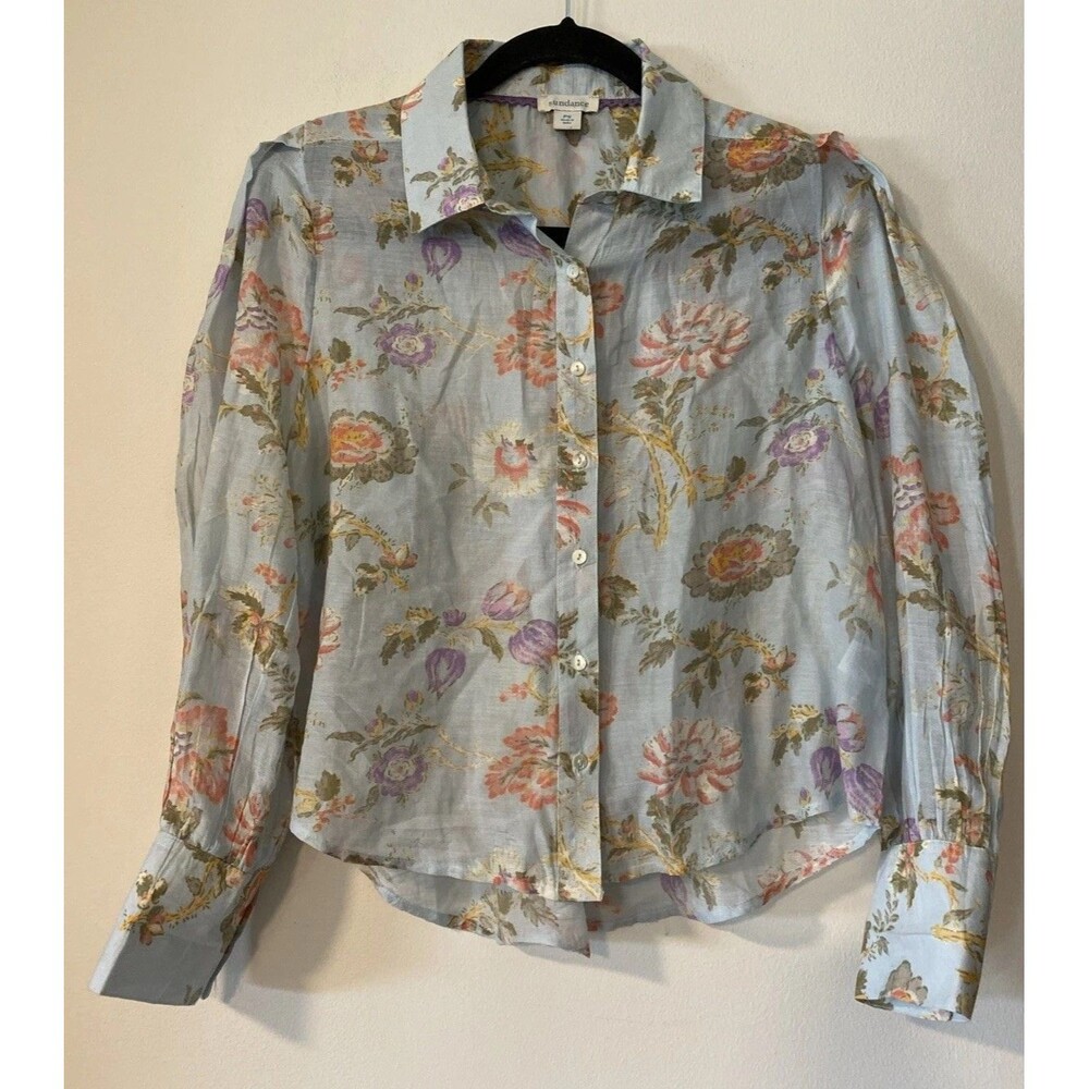 Sundance Cecile Floral Shirt Blouse Top in Sky Blue Floral Silk Sz PS No Cami (H